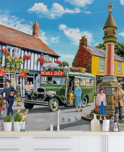 colorful customizable bygone era wall mural called The Market Place by Trevor Mitchell for residential care homes
