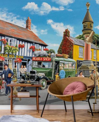 colorful customizable bygone era wall mural called The Market Place by Trevor Mitchell for residential care homes