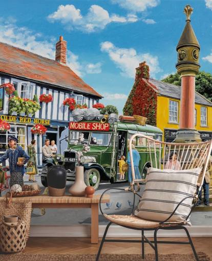 färgglad anpassningsbar svunnen tid väggmålning kallad The Market Place av Trevor Mitchell för vårdhem