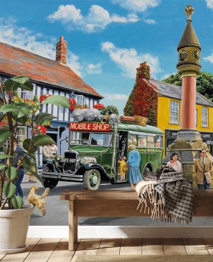 colorful customizable bygone era wall mural called The Market Place by Trevor Mitchell for residential care homes