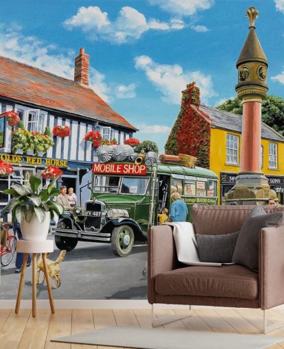 colorful customizable bygone era wall mural called The Market Place by Trevor Mitchell for residential care homes