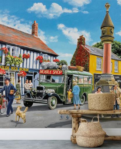 colorful customizable bygone era wall mural called The Market Place by Trevor Mitchell for residential care homes