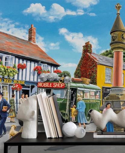 murale colorato personalizzabile di epoca passata chiamato The Market Place di Trevor Mitchell per case di cura residenziali