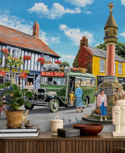 färgglad anpassningsbar svunnen tid väggmålning kallad The Market Place av Trevor Mitchell för vårdhem