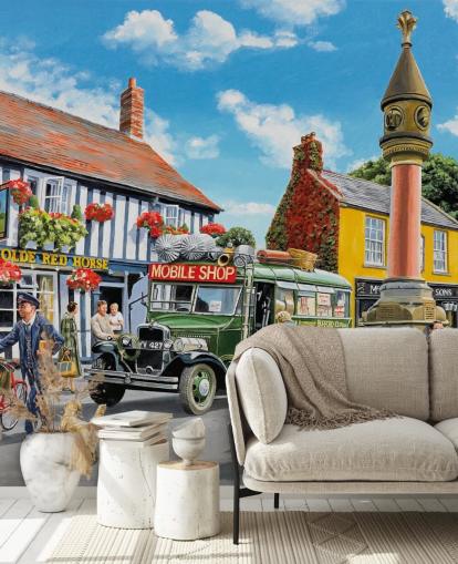 colourful customisable bygone era wall mural called The Market Place by Trevor Mitchell for residential care homes