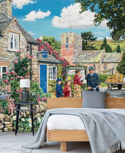 colorful customizable bygone era wallpaper mural called The Police House by Trevor Mitchell for residential care homes