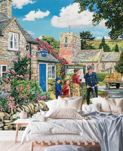 Buntes personalisierbares Tapeten-Wandbild aus vergangenen Zeiten mit dem Titel The Police House von Trevor Mitchell für Pflegeheime