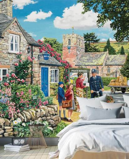 colorful customizable bygone era wallpaper mural called The Police House by Trevor Mitchell for residential care homes