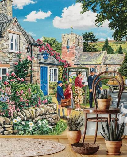 colourful customisable bygone era wallpaper mural called The Police House by Trevor Mitchell for residential care homes colourful customisable bygone era wallpaper mural called The Police House by Trevor Mitchell for residential care homes
