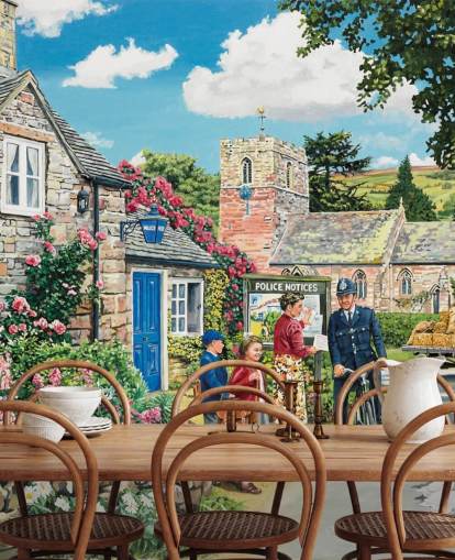 colorido mural de papel pintado personalizable de la época pasada llamado The Police House de Trevor Mitchell para residencias de ancianos colorido mural de papel pintado personalizable de la época pasada llamado The Police House de Trevor Mitchell para residencias de ancianos