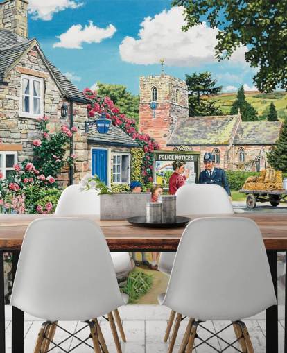 colorful customizable bygone era wallpaper mural called The Police House by Trevor Mitchell for residential care homes