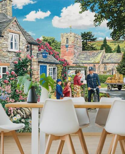colorful customizable bygone era wallpaper mural called The Police House by Trevor Mitchell for residential care homes