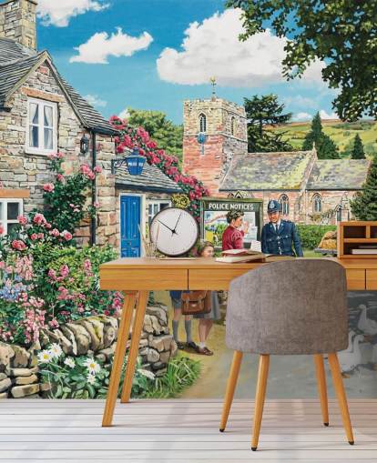 colorful customizable bygone era wallpaper mural called The Police House by Trevor Mitchell for residential care homes colorful customizable bygone era wallpaper mural called The Police House by Trevor Mitchell for residential care homes