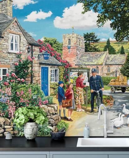 colorful customizable bygone era wallpaper mural called The Police House by Trevor Mitchell for residential care homes