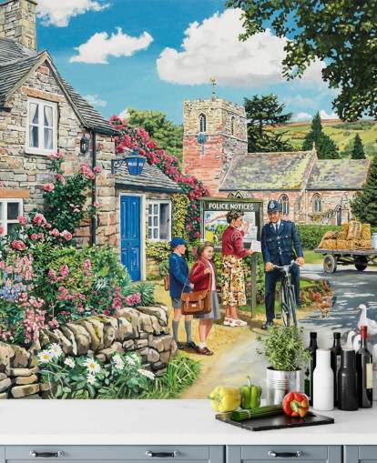 colorful customizable bygone era wallpaper mural called The Police House by Trevor Mitchell for residential care homes