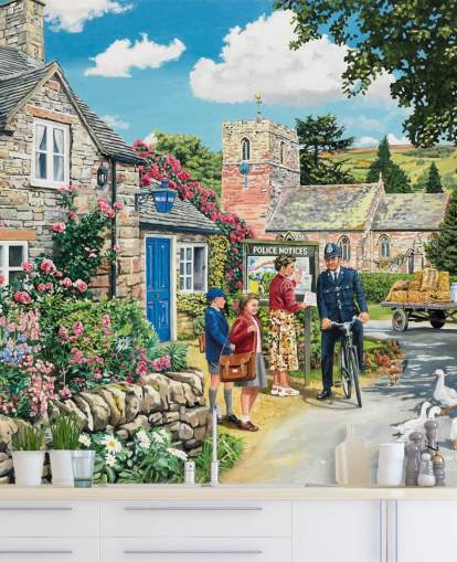 colourful customisable bygone era wallpaper mural called The Police House by Trevor Mitchell for residential care homes