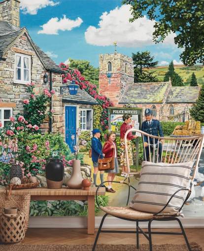 colorful customizable bygone era wallpaper mural called The Police House by Trevor Mitchell for residential care homes