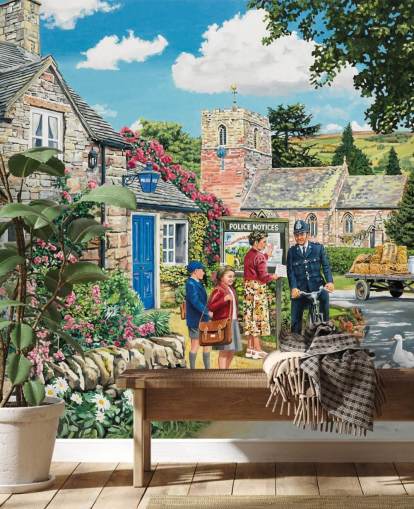 colorful customizable bygone era wallpaper mural called The Police House by Trevor Mitchell for residential care homes