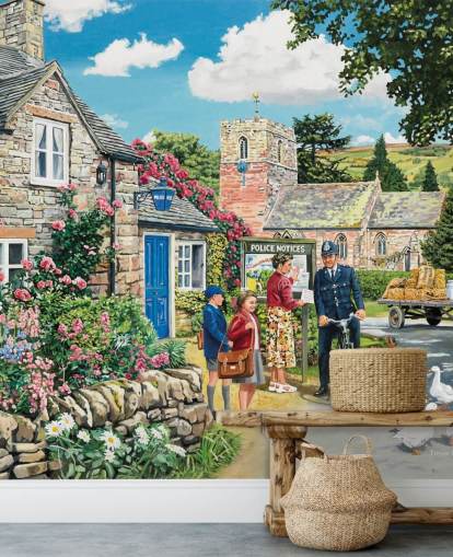 colorido mural de papel pintado personalizable de la época pasada llamado The Police House de Trevor Mitchell para residencias de ancianos