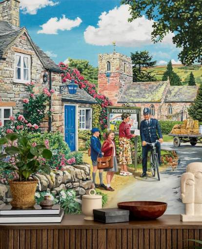 colorful customizable bygone era wallpaper mural called The Police House by Trevor Mitchell for residential care homes