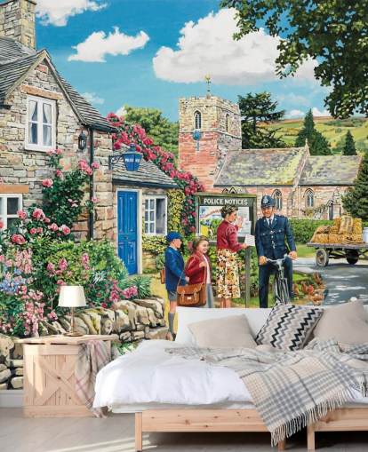 colorful customizable bygone era wallpaper mural called The Police House by Trevor Mitchell for residential care homes