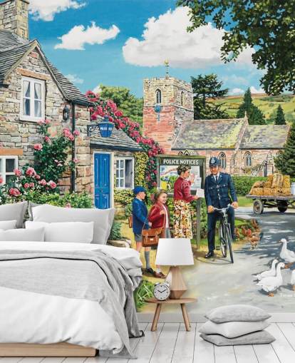 colourful customisable bygone era wallpaper mural called The Police House by Trevor Mitchell for residential care homes