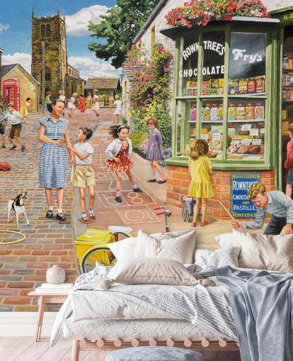 colorful bygone era wallpaper mural called The Sweet Shop by Trevor Mitchell for care homes