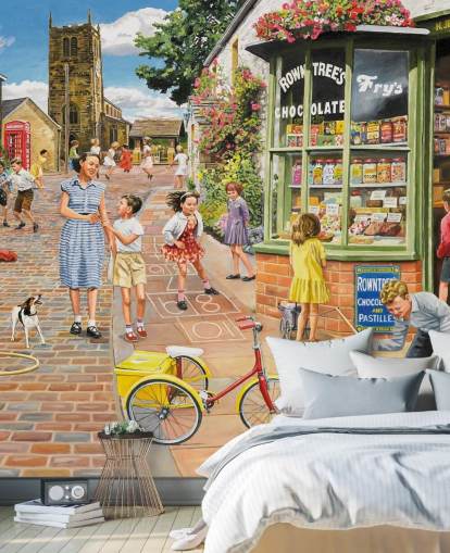 colorful bygone era wallpaper mural called The Sweet Shop by Trevor Mitchell for care homes