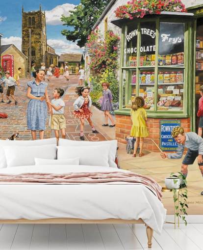 kleurrijke behangmuurschildering uit vervlogen tijden genaamd The Sweet Shop van Trevor Mitchell voor verzorgingstehuizen kleurrijke behangmuurschildering uit vervlogen tijden genaamd The Sweet Shop van Trevor Mitchell voor verzorgingstehuizen