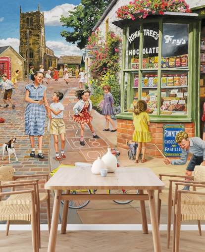 colorful bygone era wallpaper mural called The Sweet Shop by Trevor Mitchell for care homes colorful bygone era wallpaper mural called The Sweet Shop by Trevor Mitchell for care homes