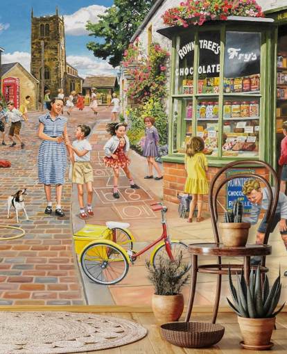 mural de papel de parede colorido da era passada chamado The Sweet Shop de Trevor Mitchell para casas de repouso mural de papel de parede colorido da era passada chamado The Sweet Shop de Trevor Mitchell para casas de repouso