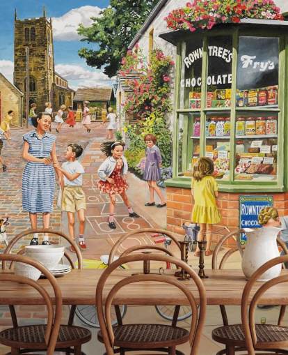 carta da parati murale colorata di epoca passata chiamata The Sweet Shop di Trevor Mitchell per case di cura