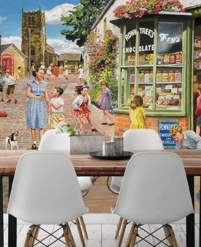 mural de papel de parede colorido da era passada chamado The Sweet Shop de Trevor Mitchell para casas de repouso