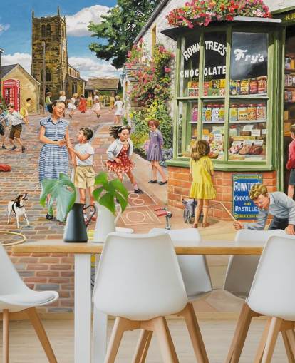 colorful bygone era wallpaper mural called The Sweet Shop by Trevor Mitchell for care homes