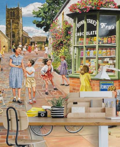 colorful bygone era wallpaper mural called The Sweet Shop by Trevor Mitchell for care homes