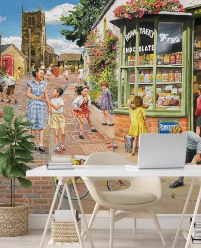 colorful bygone era wallpaper mural called The Sweet Shop by Trevor Mitchell for care homes