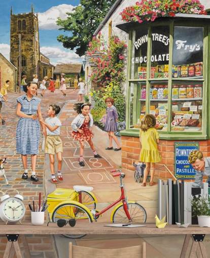 farverigt tapetmaleri fra svunden æra kaldet The Sweet Shop af Trevor Mitchell til plejehjem farverigt tapetmaleri fra svunden æra kaldet The Sweet Shop af Trevor Mitchell til plejehjem