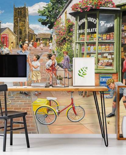 fargerikt tapetmaleri fra svunnen tid kalt The Sweet Shop av Trevor Mitchell for omsorgsboliger