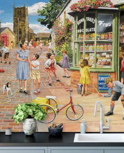 colourful bygone era wallpaper mural called The Sweet Shop by Trevor Mitchell for care homes