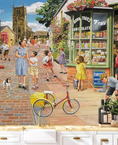 colorful bygone era wallpaper mural called The Sweet Shop by Trevor Mitchell for care homes