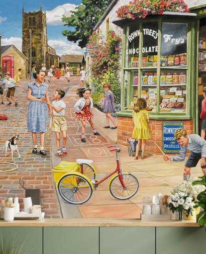 mural de papel de parede colorido da era passada chamado The Sweet Shop de Trevor Mitchell para casas de repouso