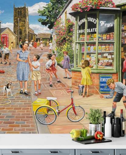 colourful bygone era wallpaper mural called The Sweet Shop by Trevor Mitchell for care homes