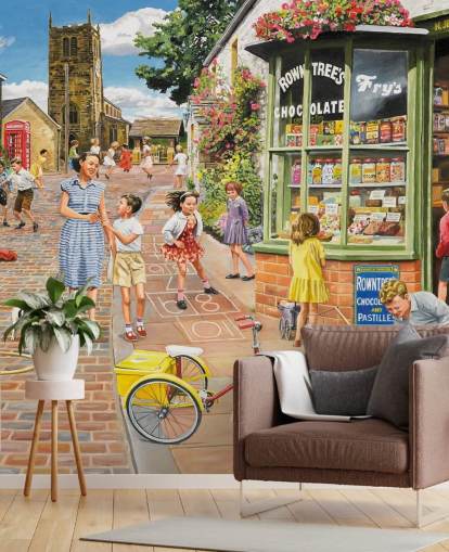 kleurrijke behangmuurschildering uit vervlogen tijden genaamd The Sweet Shop van Trevor Mitchell voor verzorgingstehuizen