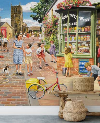 colourful bygone era wallpaper mural called The Sweet Shop by Trevor Mitchell for care homes