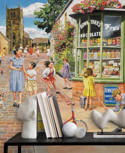 colourful bygone era wallpaper mural called The Sweet Shop by Trevor Mitchell for care homes