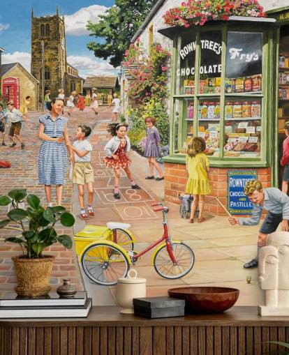 colorful bygone era wallpaper mural called The Sweet Shop by Trevor Mitchell for care homes