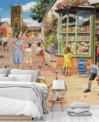 papier peint mural coloré de l'époque révolue appelé The Sweet Shop de Trevor Mitchell pour les maisons de retraite