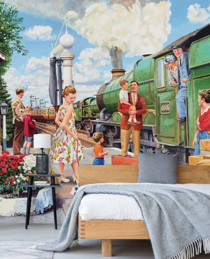 green steam train at station wallpaper