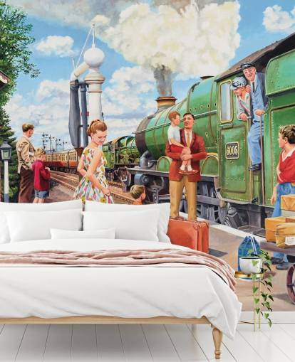 green steam train at station wallpaper