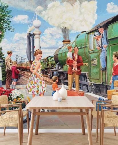 green steam train at station wallpaper